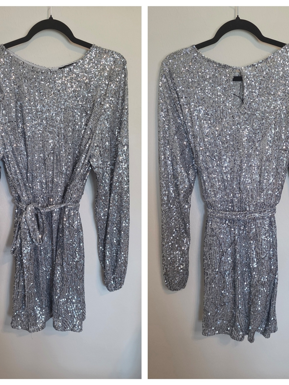 Forever 21 Silver Sequin Long-Sleeve Dress with Belt